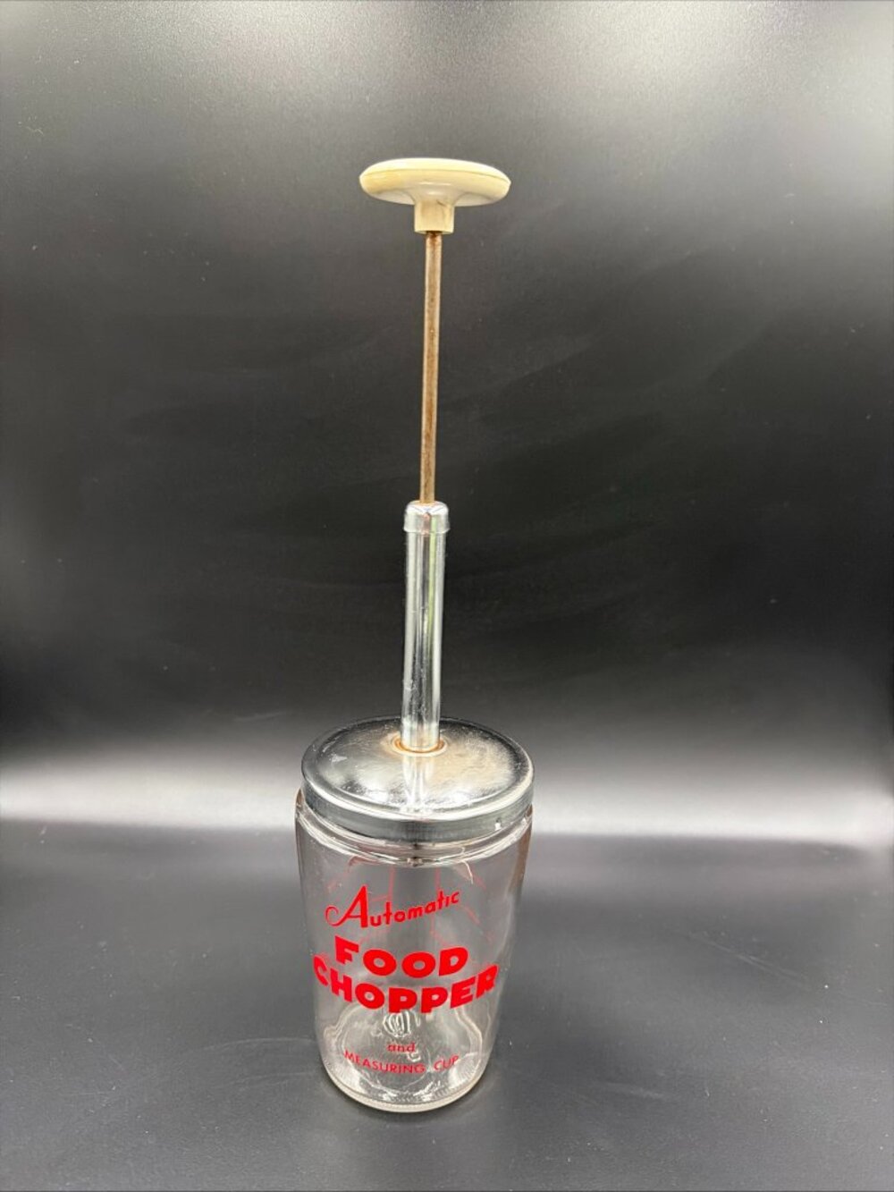 Vintage Glass Automated Food Chopper & Measuring Cup Manual Chopper.  Good Cond.